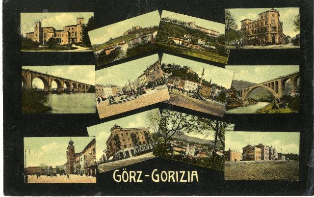 A postcard from 1910, featuring a panorama of Görz-Gorizia, today's Nova Gorica.