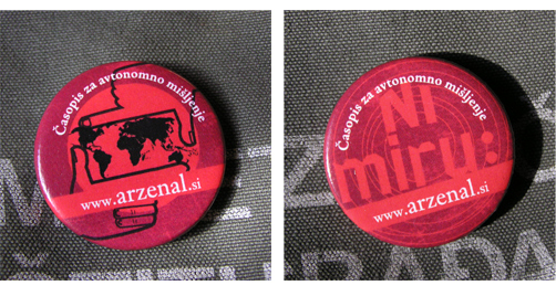The badges related to the new Arzenal magazine by the Scientific Research Centre (ZRC SAZU), designed by Poper Studio, 2007