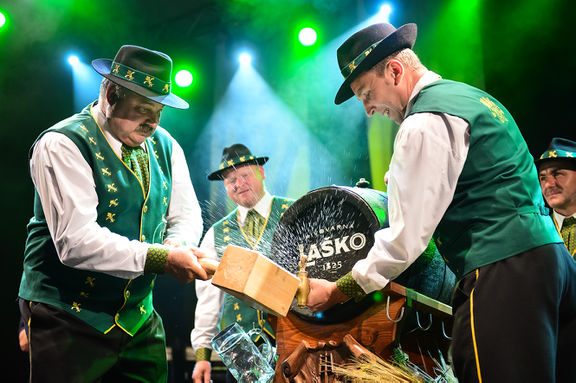 Traditional beer barrel opening at the Beer and Flower Festival, Laško, 2013