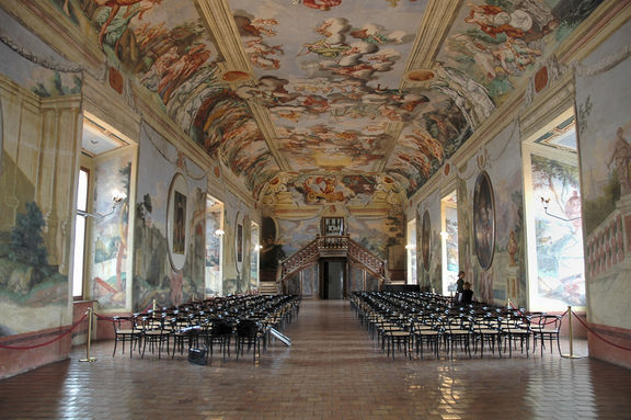 Culturally protected frescoes in the knights' banquet hall in Brežice Castle depict the evolution of architecture from antiquity to the Renaissance