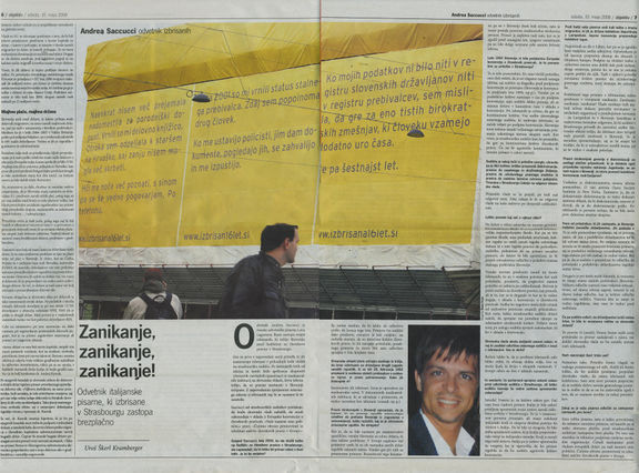 Intervention in the newspaper, a part of the Izbrisan16let.si (TheErased16years) project by Poper Studio, 2008