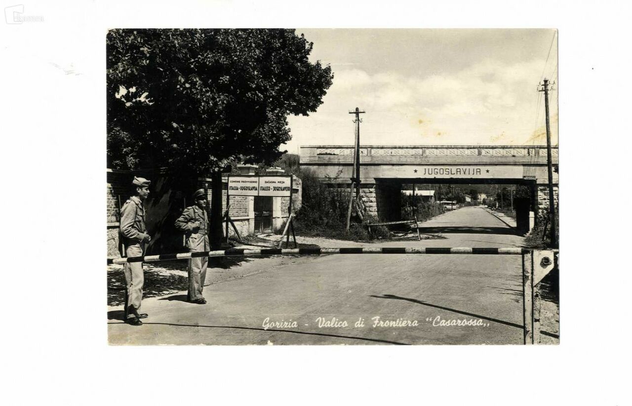 A 1950s postcard of a border crossing in Rožna Dolina, Nova Gorica