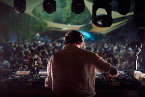 <!--LINK'" 0:540-->: German DJ Gerd Janson performing on the main stage on the beach near the Soča River