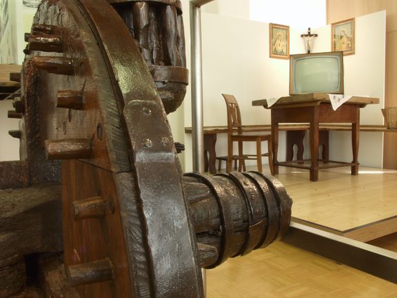 Mill wheel, The Cerkno Region Through the Centuries permanent exhibition at Cerkno Museum presenting the historical development of the Cerkno region, 2004