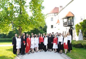 Group portrait of the <!--LINK'" 0:186-->'s members. The award winning choir has toured widely worldwide with a broad and diverse programme that includes work of Slovenian composers  <!--LINK'" 0:187-->, <!--LINK'" 0:188-->, and <!--LINK'" 0:189-->. 2011