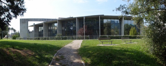 Panoramic view of the France Bevk Public Library Nova Gorica, conceived by Vojteh Ravnikar (1998–2000).