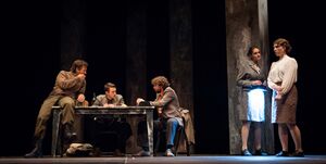 Actors Martin Valič, David Radej, Klemen Kovačič, Maja Pinterič, and Tina Lipovec in the play <i>Phoenix</i>, written and directed by <!--LINK'" 0:895-->. The play was awarded the Matiček award for the best overall performance at the <!--LINK'" 0:896--> in 2017. Author: Matej Maček