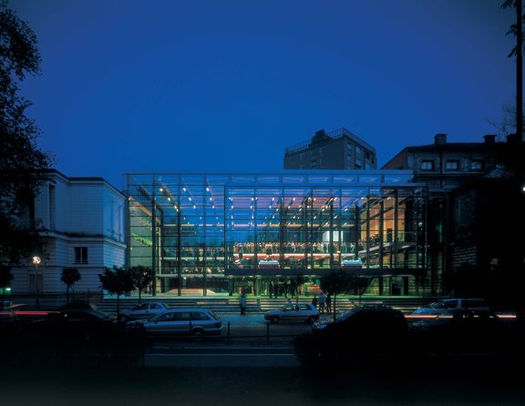 SADAR + VUGA Architects are responsible for the central part of the National Gallery of Slovenia, a huge glass lobby connecting the two previously separate parts of the gallery, 2001