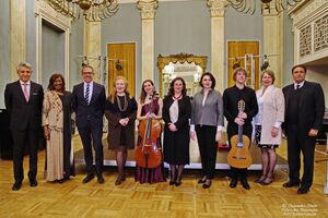 Representatives of the Piraeus Municipality and the Slovenian Embassy in Athens (Tamara Weingerl Požar, Ambassador) with the musicians Timotej Kosovinc and Christina Basili who gave a concert at the  Municipal Theatre of Piraeus, 2023