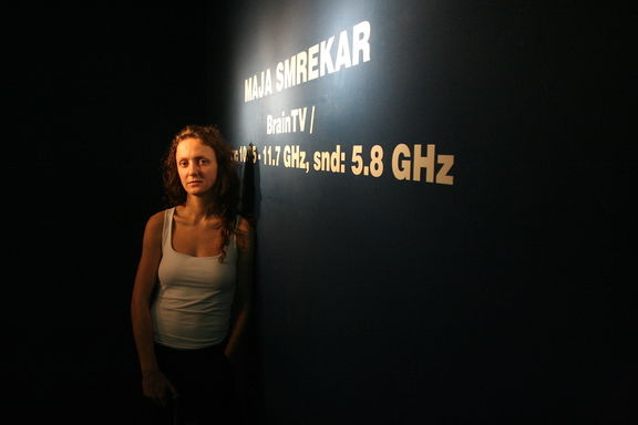 Portrait of artist Maja Smrekar during her installation BrainTV at Kapelica Gallery, Ljubljana