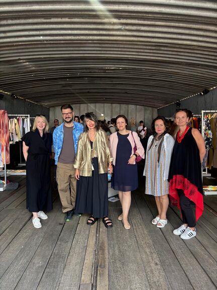 The event "Ljubljana Fashion Week: ON BOARD Berlin", 2026. From left to right: Head of SKICA Berlin Saša Šavel Burkart, Director of Ljubljana Fashion Week Den Baruca, executive producer of Ljubljana Fashion Week Melinda Rebrek, Ambassador of the Republic of Slovenia Dr. Ana Polak Petrič, Economic Counsellor of the Slovenian embassy in Berlin Jelka Travnik, and Head of Center for Creativity Anja Zorko.