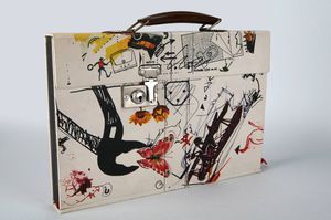 <i>Jean Tinguely: Meta (Signed Drawing)</i> by K.G. Pontus Hulten and Jean Tinguely, Paris, 1973. An artist's book object bound as a suitcase with lock closure and handle, <!--LINK'" 0:216--> collection.