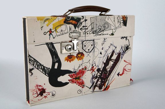 Jean Tinguely: Meta (Signed Drawing) by K.G. Pontus Hulten and Jean Tinguely, Paris, 1973. An artist's book object bound as a suitcase with lock closure and handle, MGLC collection.