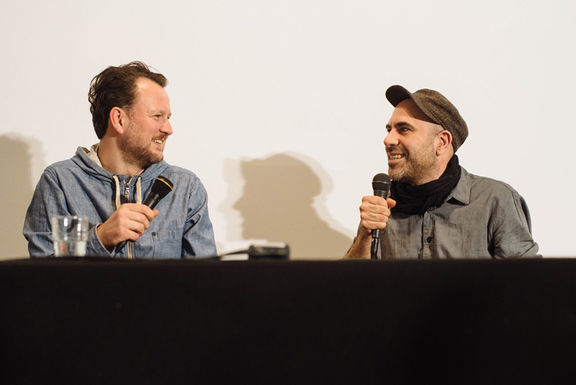 Gregor Zemljič (of Random Logic) and Rashad Becker conversing during the Sonica Festival in 2015