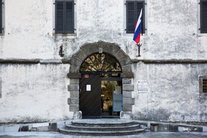The front door of the 13th-century fortress, now accommodating the <!--LINK'" 0:215--> with its rich collection of paintings, cultural and historical artefacts, and rooms for occasional exhibitions and symposia.