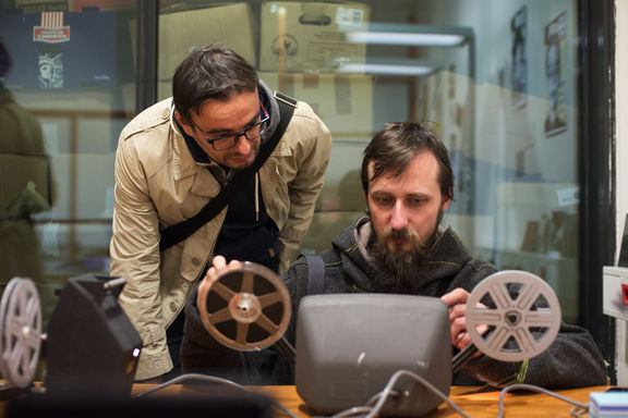 Dušan Dovč and Bojan Bajsič at Slovenian Cinematheque Film Archive Department, 2018.
