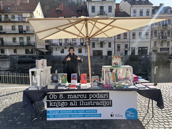 A book stand in the center of Ljubljana on the occasion of 8th March (International Women's Day), 2025.
