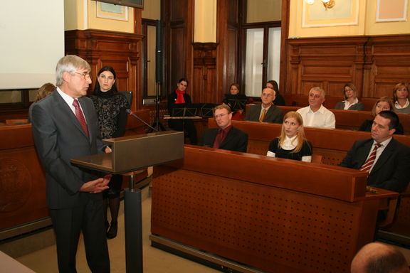 The Aškerc Award ceremony. The award is named after Anton Aškerc (1856–1912), a poet and a priest, who was the first urban archivist of Ljubljana (2010)