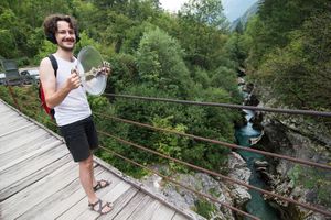 Klemens Kohlweis with his parabolic directed microphone above Soča river, <!--LINK'" 0:328-->, 2018.