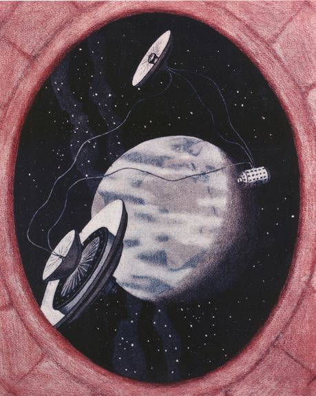 Hermann Noordung image depicts a three-unit space station as seen from a space ship. The three units were the habitat, the machine room, and the observatory, each connected by an umbilical, 1929