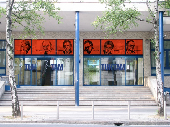 Campaign created for the Faculty of Arts, University of Ljubljana by Poper Studio, an intervention in the faculties building includes images of philosophers, 2009