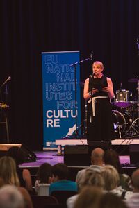 The Head of SKICA Berlin, Saša Šavel Burkart, at the opening of the Babylon Europa Festival in 2025. Photo: Jim Kroft