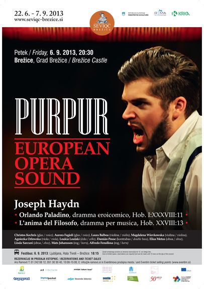 A poster for the PurPur Orchestra's presentation of the Joseph Haydn's opera Orlando Paladino at the Knights' Hall of the Brežice Castle, in the framework of the Seviqc Brežice Festival in 2013, in the framework of the PurPur - the European Opera Sound project.