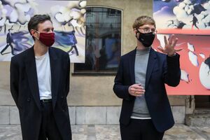 The 2021 Fabula book collection lives through the illustrations of the designer and illustrator, <!--LINK'" 0:522-->, aka Brglesita, which were presented at an exhibition at the <!--LINK'" 0:523--> in Ljubljana. Here, the artist is accompanied by the festival's artistic director <!--LINK'" 0:524-->. Photo: Jaka Gaser