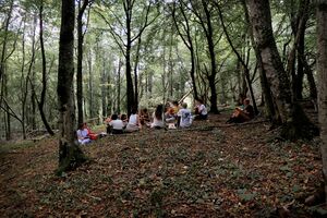 Summer school of the <!--LINK'" 0:564-->, a collective learning experience in the village of Topolò (summer 2022). Collective reading moment in the forest.