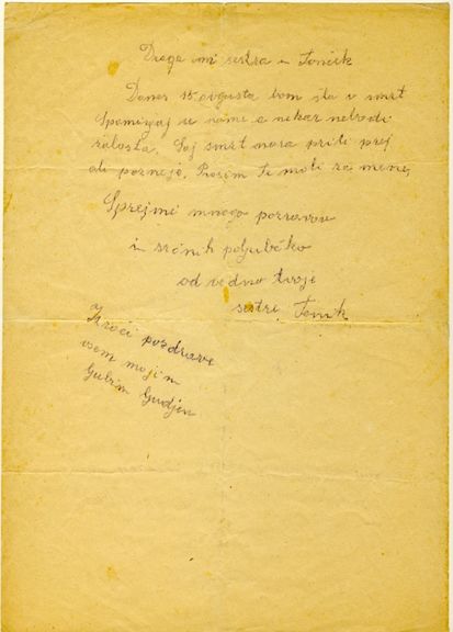 One of a collection of moving farewell letter's from WWII prisoners of war who had learned they would be executed, Stari Pisker Prison, known as The old pot, Celje Museum of Recent History, 1942