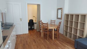 Back of the living room, with a view of the office in the Slovene Arts & Culture Residency, Berlin, 2022