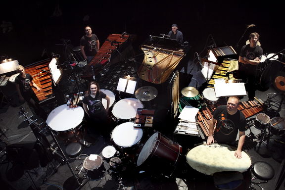 Group portrait of SToP Slovene Percussion Project and pianist Milko Lazar at the Shiver: Sound on Skin performance in Cankarjev dom, 2009