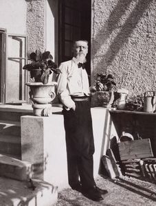 <!--LINK'" 0:3-->, standing in front of the cylindrical extension of <!--LINK'" 0:4-->, 1926. Photo by <!--LINK'" 0:5--> documentation/Plečnik Collection.