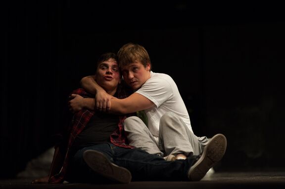 Actors Alen Mastnak and Nejc Jezernik in the Martin McDonagh's play The Pillowman, directed by Tomaž Kranjec. The play was awarded the Matiček award for the best overall performance at the Linhart Encounter in 2015. Author: Matej Maček