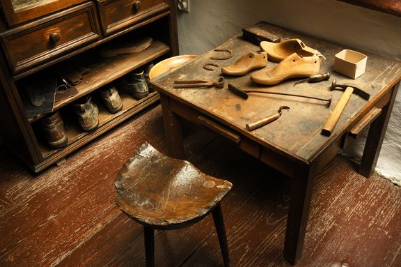 Tools set out in one corner of the main living area reveal that France Bevk's father made and repaired shoes, France Bevk Homestead, 2005