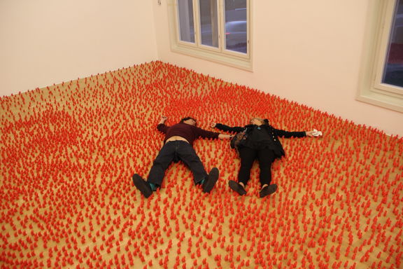 Serkan Özkaya's Proletarier aller Länder installation at Moderna galerija (MG), 29th Biennial of Graphic Arts, 2011.