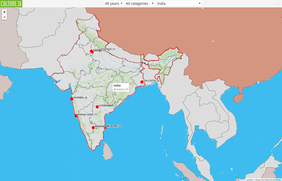 Online version (printscreen) of interactive Culture from Slovenia World Map, featuring events collected 2010-2014, India.