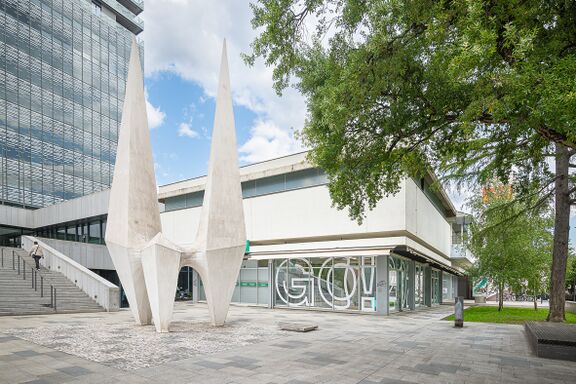 GO! 2025 communications office with Edvard Rusjan statue