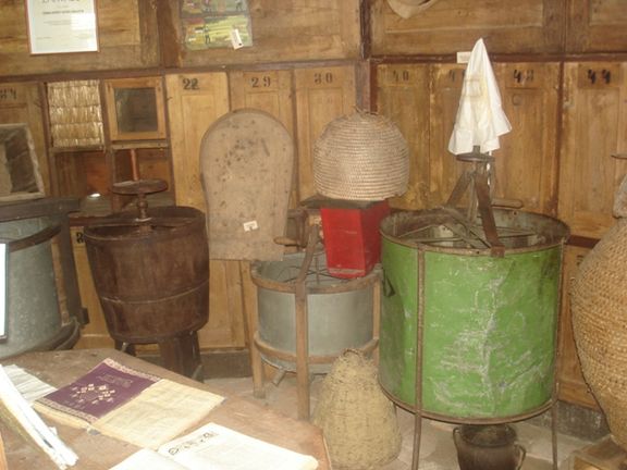 Part of the museum's collection of historic bee keeping equipment, Apiculture Museum in Krapje