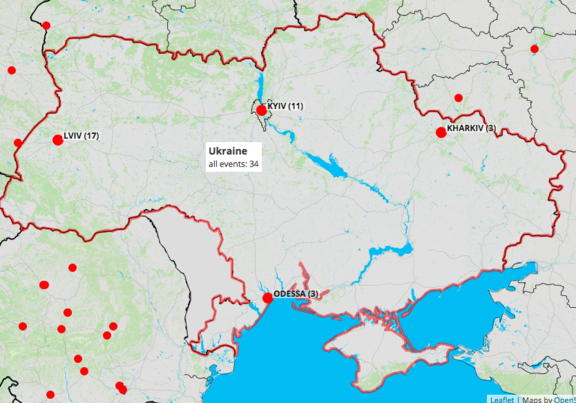 Online version (printscreen) of interactive Culture from Slovenia World Map, featuring events in Ukraine up to December 2018. Culture from Slovenia Worldwide Events collected 2010–2018 by Ljudmila Art and Science Laboratory for the Culture.si database of events worldwide.