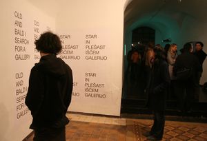 The opening of the <i>Article 23</i> exhibition, curated by <!--LINK'" 0:376-->, <!--LINK'" 0:377-->, 2008. On the wall: posters by Goran Trbuljak, Croatian conceptual artist.