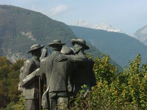 <!--LINK'" 0:1280--> <i>Monument to four courageous men, Ribčev Laz</i> commemorating the first ascent to Mount Triglav in 1778, Bohinj, Gorenjska. Erected in 1978. <!--LINK'" 0:1281-->