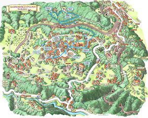 The pictorial map of Kal with the stonecutting educational trail. Drawn by <!--LINK'" 0:236--> for Štirna Kal Society.