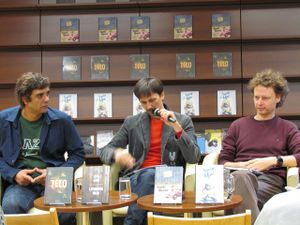 Presentation of the four books published by <!--LINK'" 0:1033--> at Konzorcij bookstore, Ljubljana, 2012 (From left: Bekim Sejranović, <!--LINK'" 0:1034-->, <!--LINK'" 0:1035-->)