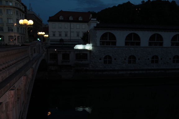 Symbionts by French visual artist Bernard Murigneux located between the Dragon Bridge and Ljubljana Central Market at Vodnik Square, Lighting Guerrilla Festival, 2010