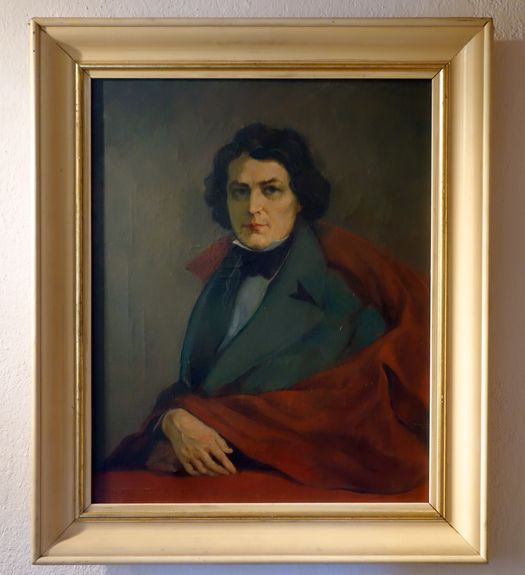 One of many portraits which Božidar Jakac painted of France Prešeren. Some historians consider this to be one of the most accurate portraits of the famous Slovenian poet. Birthplace of France Prešeren, 2013