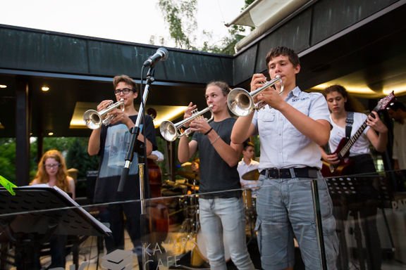 A concert of young jazz musicians at one of the cafes above the Bled lake, 2016
