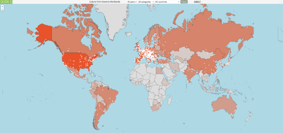 Online version (printscreen) of interactive Culture from Slovenia World Map, featuring events collected 2010-2021.