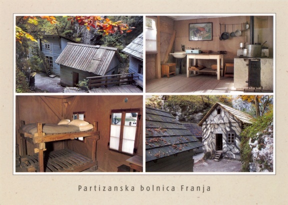 A postcard with some pictures of the Franja Partisan Hospital before reconstruction