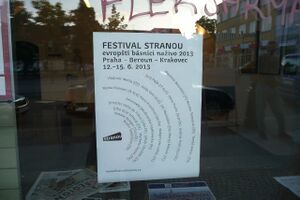 The International Poetry Festival Stranou takes place in Beroun, Krakovec (Castle), and Prague (Václav Havel Library) with Slovene authors participating, supported by the <!--LINK'" 0:345-->